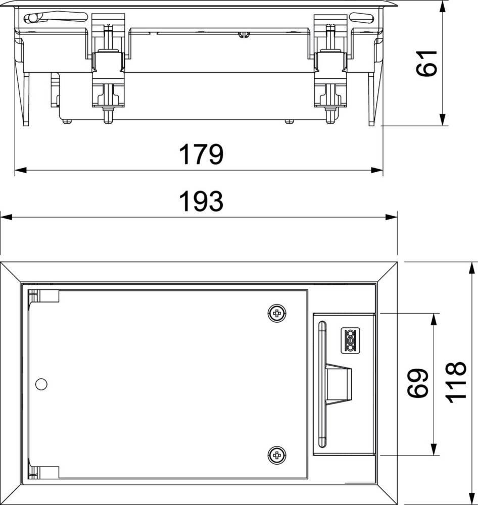 Ansicht von oben und von vorne eines mechanischen Bauteils mit Abmessungen: 61, 69, 118, 179 und 193 Einheiten. Merkmale umfassen Schrauben und einen vorstehenden Abschnitt.