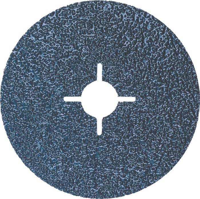 Schleifscheibe mit einer strukturierten, körnigen Oberfläche und einem zentralen Loch zur Befestigung an Maschinen, verwendet in der Metallbearbeitung oder im Baugewerbe.