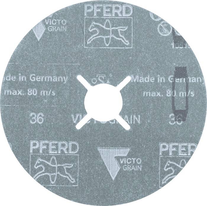 Eine Kreisschleifscheibe mit Markenname und Logos. ‚Pferd' und ‚Victo Grain' sind sichtbar. Der Text besagt ‚Made in Germany' und ‚max. 80 m/s'.