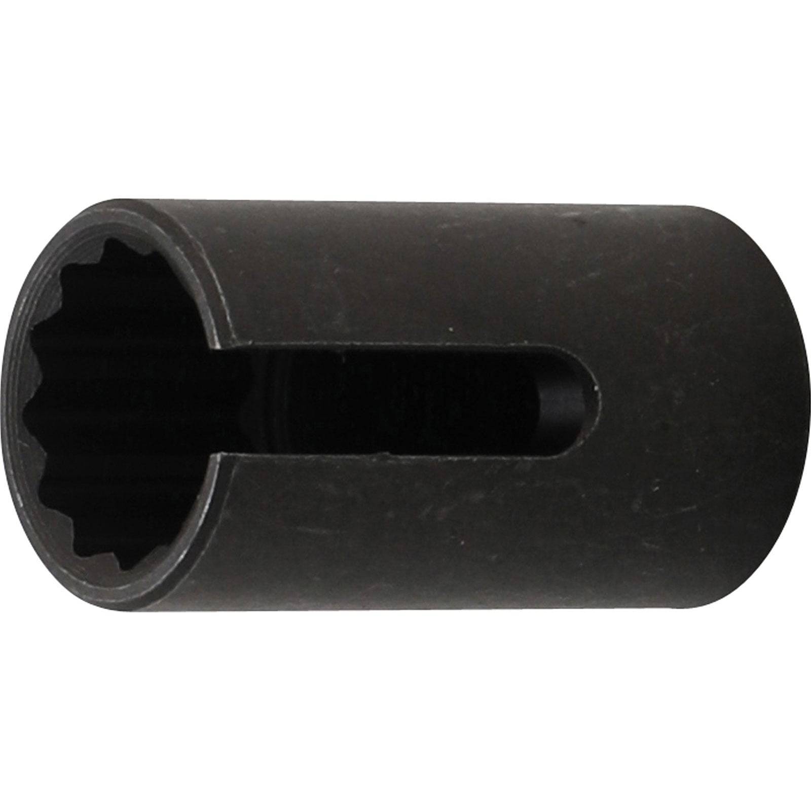 Eine schwarze zylindrische Buchse mit gerillter Innenoberfläche und einer vertikalen Seitenöffnung.