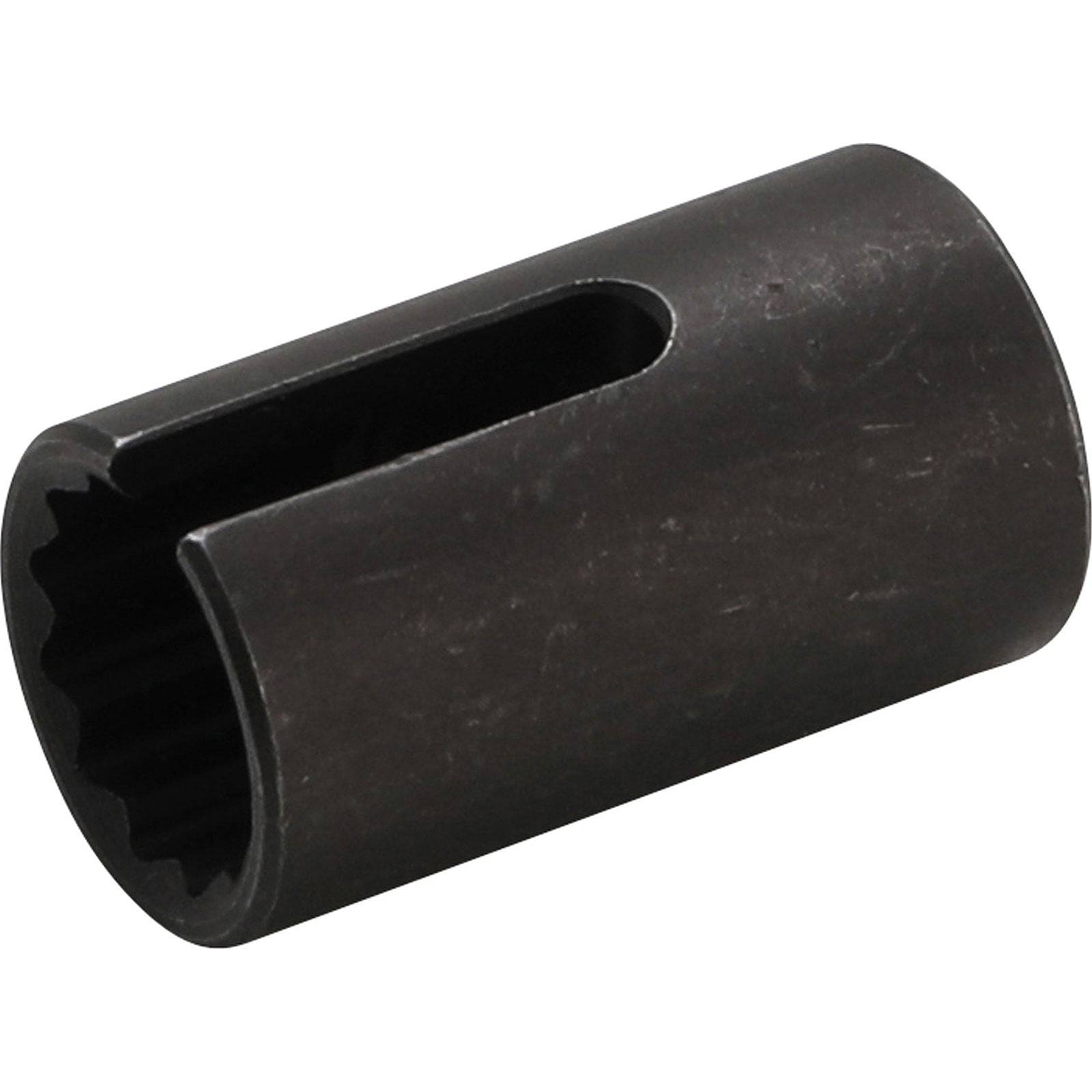 Eine zylindrische schwarze Metallbuchse mit sechseckiger Öffnung, die zum Eingreifen von Schrauben oder Muttern verwendet wird und eine längliche Seitenschlitz für zusätzliche Vielseitigkeit aufweist.