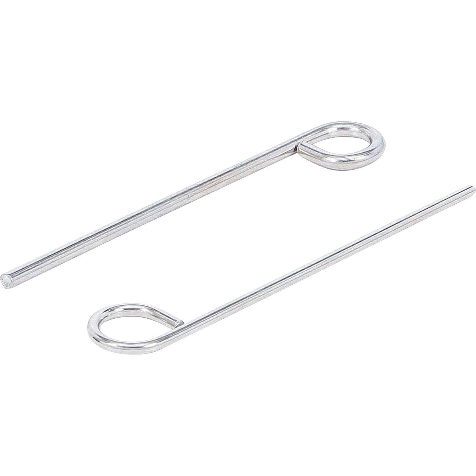 Zwei Metallsplinte mit einer Öse an einem Ende und einem geraden Schaft, parallel zueinander auf einem weißen Hintergrund positioniert.