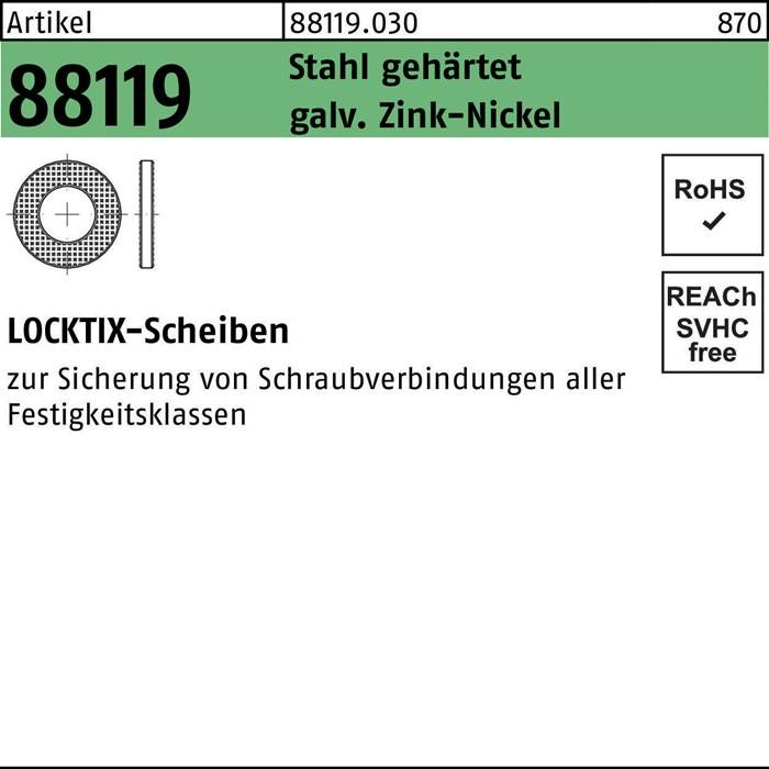 88119' Sicherungsscheibe, gehärtet, zink-nickel beschichtet, zur Sicherung von Schraubenverbindungen aller Festigkeitsklassen. RoHS- und REACH-konform.