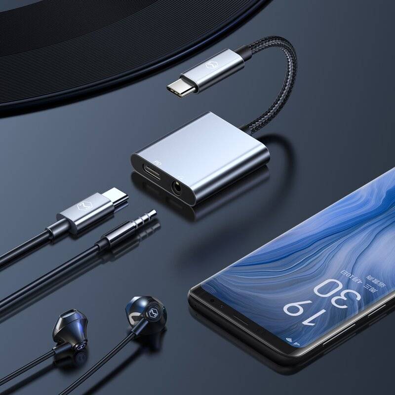 Mcdodo Adapter USB-C - 3,5mm jack Aux Mini Buchse Anschluss + Typ-C Port Converter USB HUB USB-C in grau