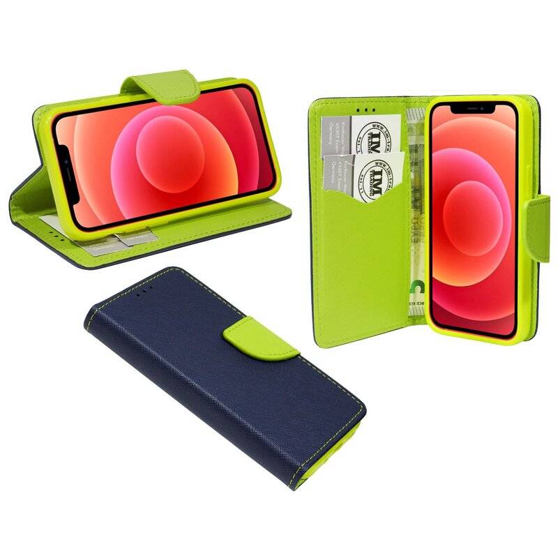 Buchtasche "Fancy" für iPhone 12 Pro Handyhülle Etui Brieftasche Schutzhülle mit Standfunktion, Kartenfach Blau-Grün