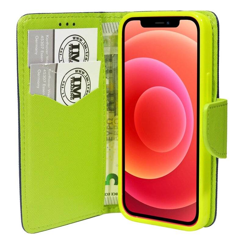 Buchtasche "Fancy" für iPhone 12 Pro Handyhülle Etui Brieftasche Schutzhülle mit Standfunktion, Kartenfach Blau-Grün