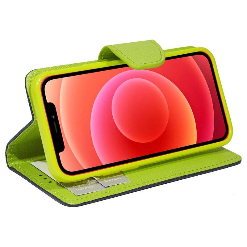 Buchtasche "Fancy" für iPhone 12 Pro Handyhülle Etui Brieftasche Schutzhülle mit Standfunktion, Kartenfach Blau-Grün