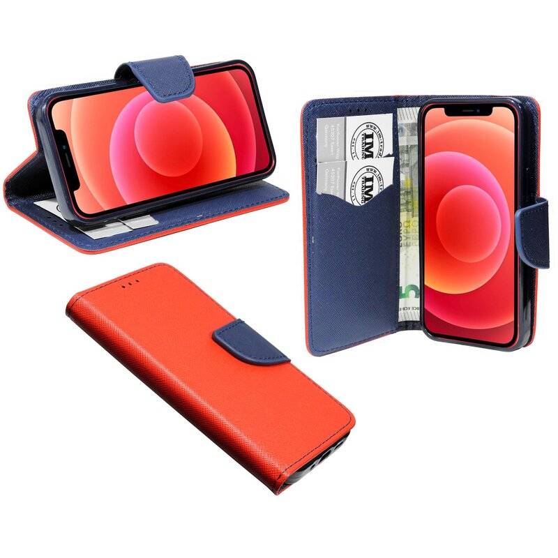 Buchtasche "Fancy" für iPhone 12 Pro Handyhülle Etui Brieftasche Schutzhülle mit Standfunktion, Kartenfach Rot-Blau