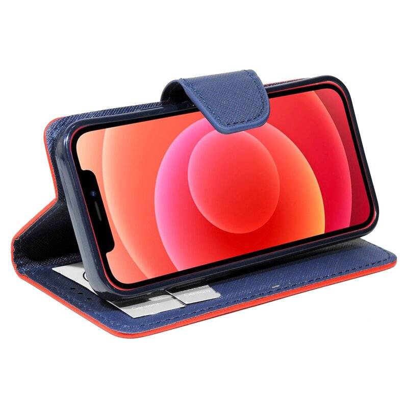Buchtasche "Fancy" für iPhone 12 Pro Handyhülle Etui Brieftasche Schutzhülle mit Standfunktion, Kartenfach Rot-Blau