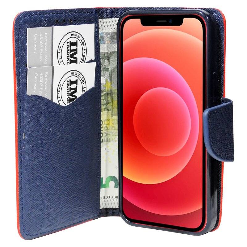 Buchtasche "Fancy" für iPhone 12 Pro Handyhülle Etui Brieftasche Schutzhülle mit Standfunktion, Kartenfach Rot-Blau