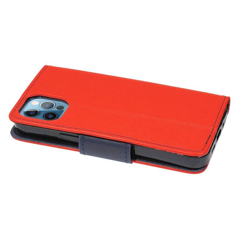 Buchtasche "Fancy" für iPhone 12 Pro Handyhülle Etui Brieftasche Schutzhülle mit Standfunktion, Kartenfach Rot-Blau