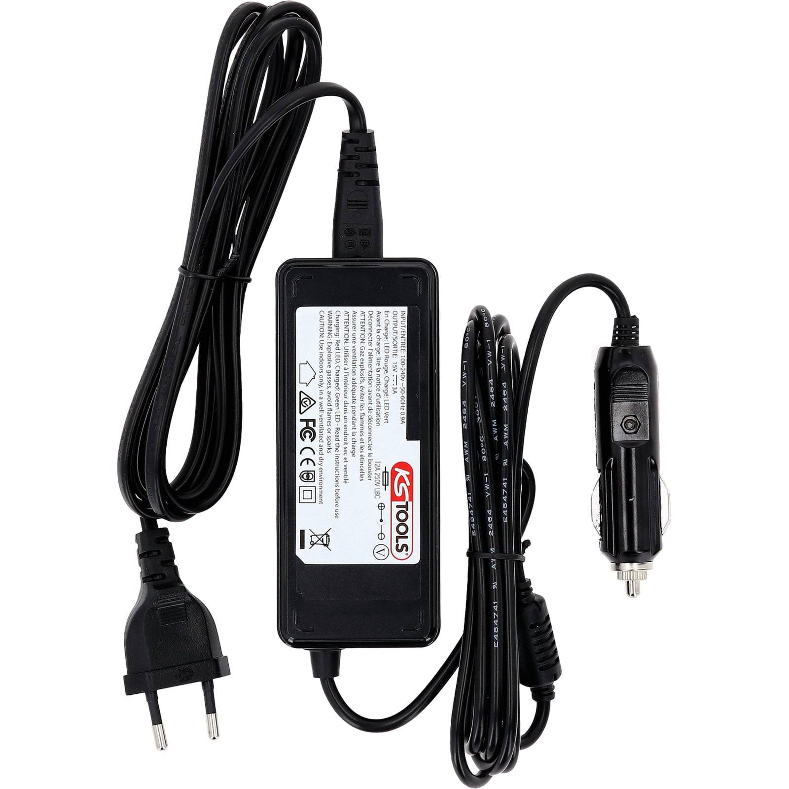 Netzteil mit EU-Stecker und Autoladekabel; Etikett gibt elektrische Spezifikationen und Sicherheitszertifizierungen an; GS Tools Markenlogo.