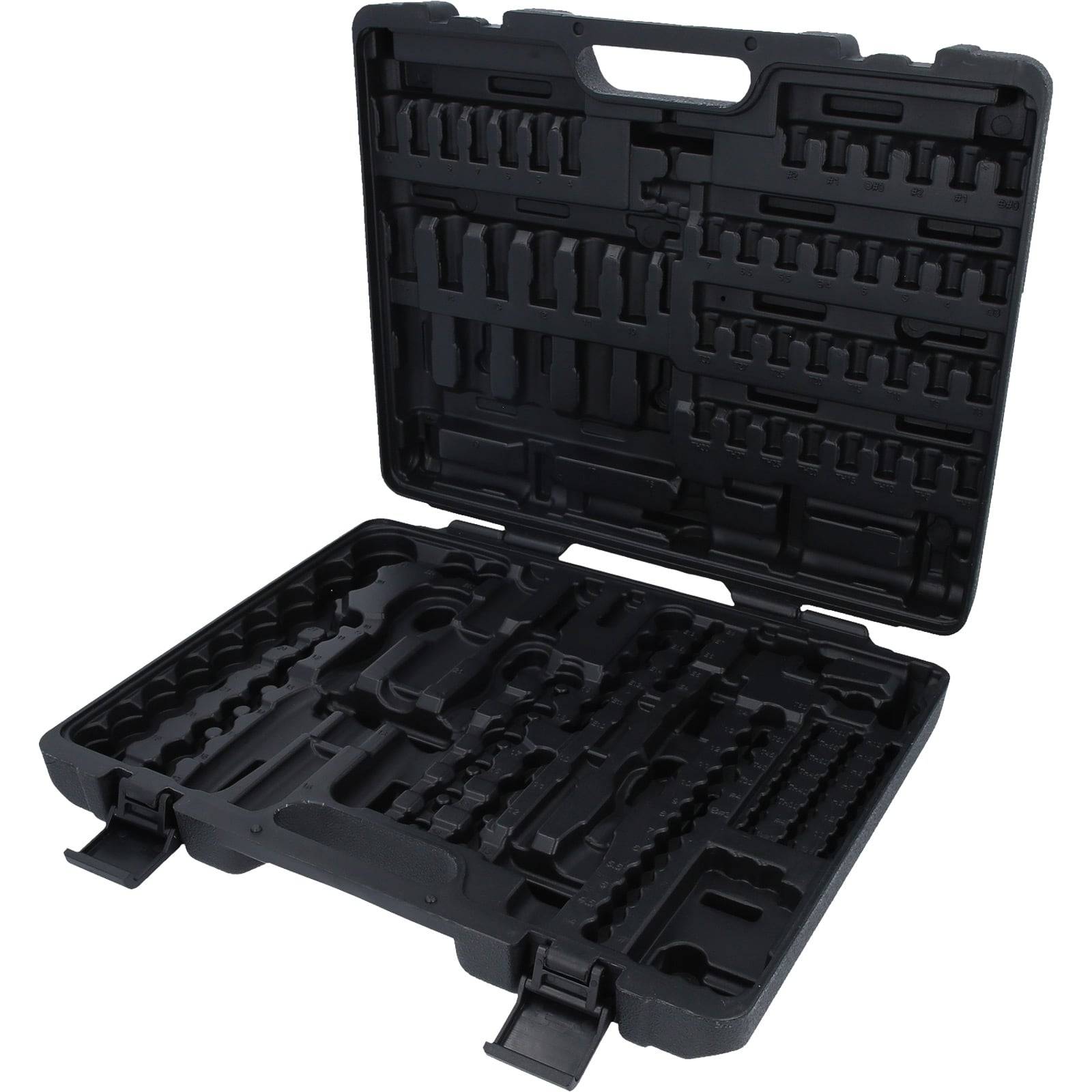 Schwarzer Kunststoff-Werkzeugkoffer mit mehreren Fächern und Schlitzen zur Organisation verschiedener Werkzeuge; der Koffer ist geöffnet und leer.