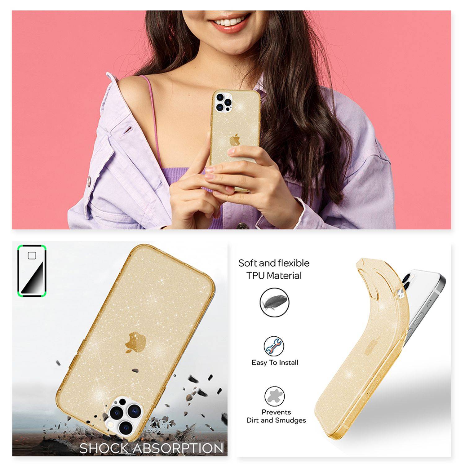 NALIA Glitzer Hülle für iPhone 12 Pro Max, Bling Handy Cover Schutz Glitter Case