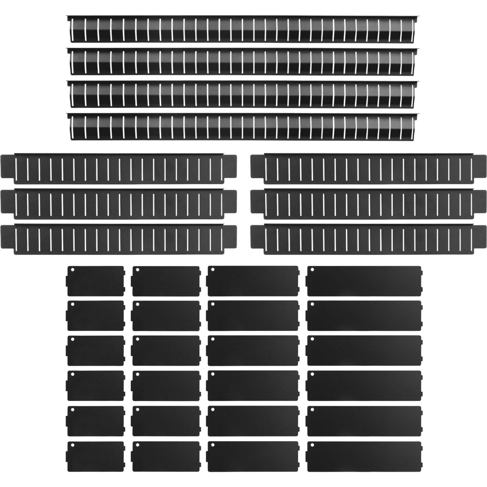 Flachaufnahme von schwarzen verschachtelten Belüftungs- oder Paneelteilen, die in Reihen angeordnet sind und mehrere Größen und Formen von modularen Komponenten zeigen.