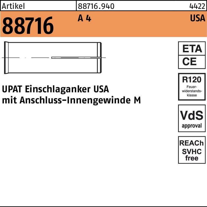 Einschlaganker R 88716 USA M12 A 4 50 Stück UPAT