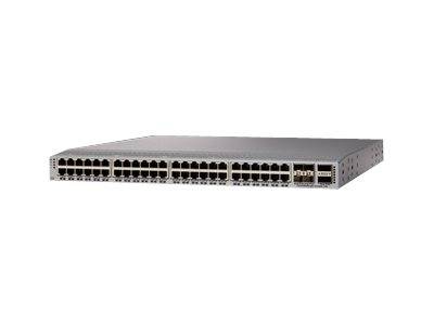 Vorderansicht eines Netzwerk-Switches mit vielen Ethernet-Ports und Statusanzeigen auf einem einfachen weißen Hintergrund.
