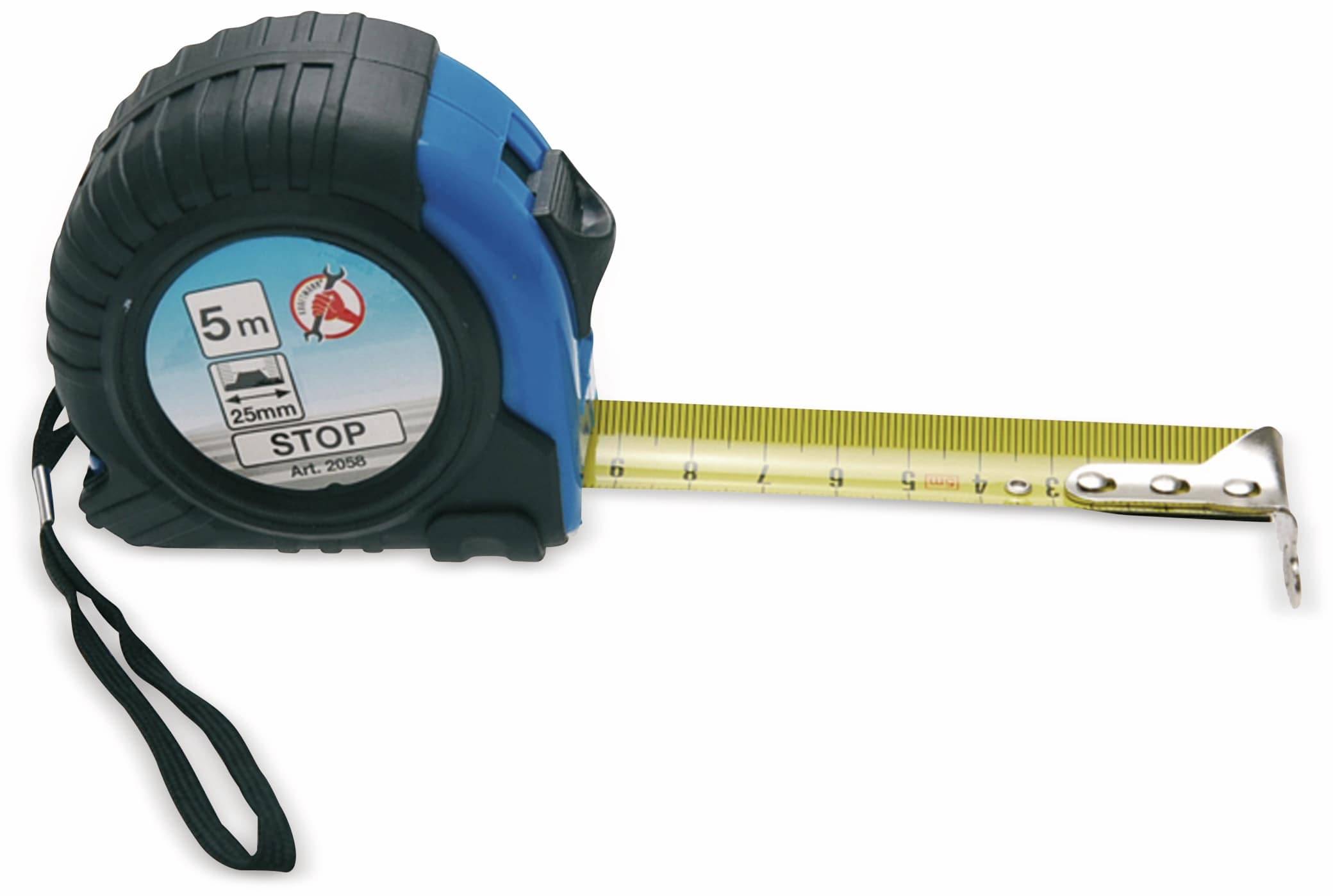 Ein blauendes und schwarzes Stahlmaßstab mit ausgefahrenem gelbem Stahlband, auf dem Messskalen angebracht sind.