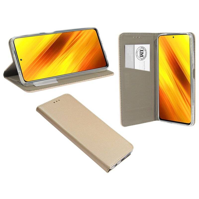 Buch Tasche "Smart" für XIAOMI POCO X3 NFC Handy Hülle Etui Brieftasche Schutzhülle mit Standfunktion, Kartenfach Gold