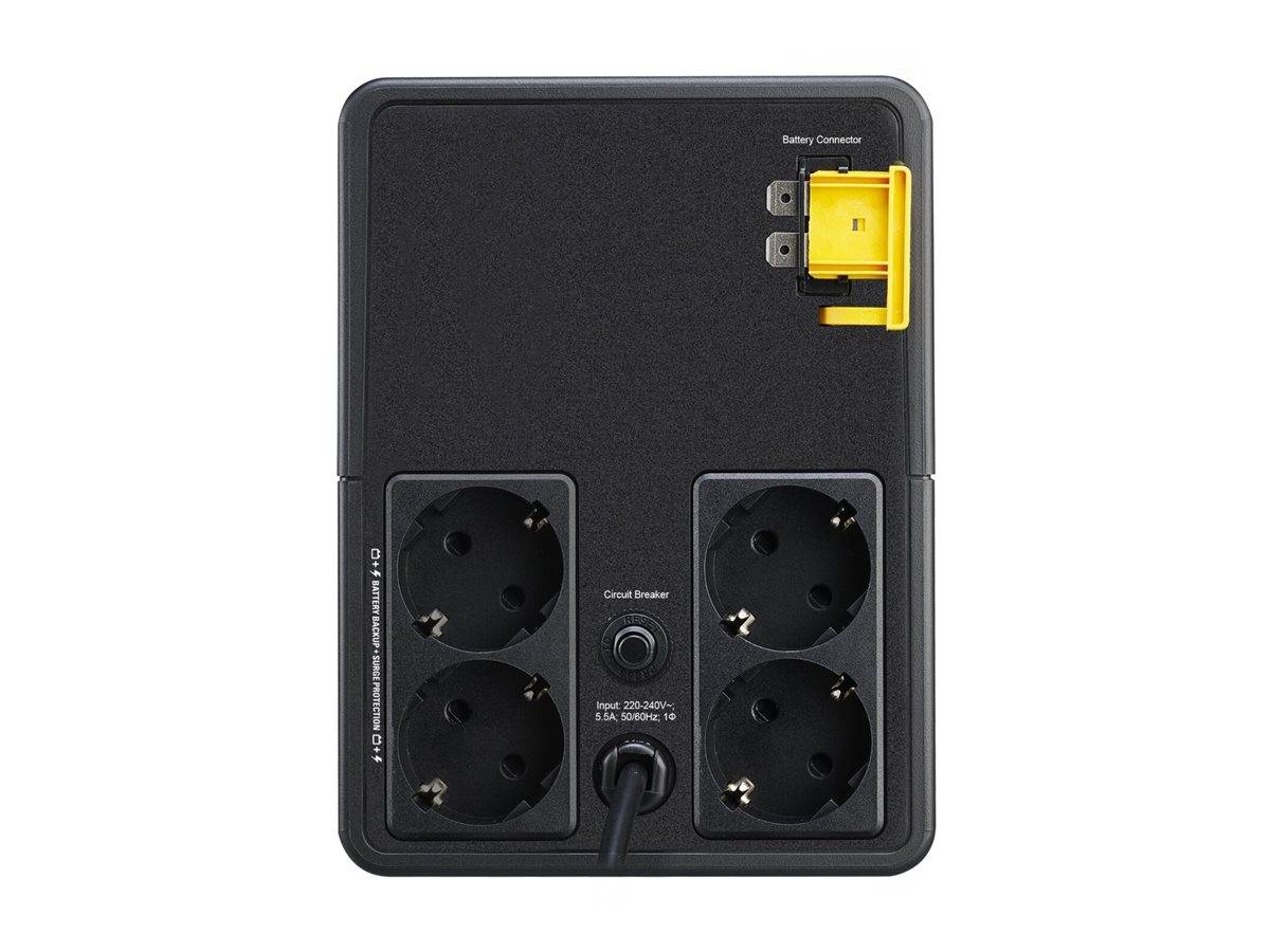 Schwarze Stromverteilungseinheit mit vier Steckdosen, einem zentralen Schutzschalter und Stromkabel, plus gelbem Batteriestecker oben rechts.
