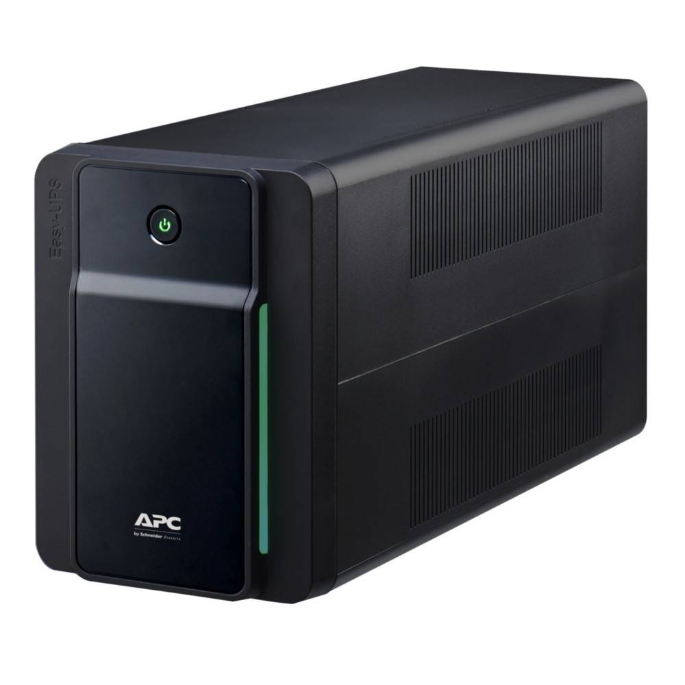 Schwarze APC-Desktop-Stromversorgung mit Unterbrechungsfreiheit, grünem Stromschalter und vorderer Statusleuchte, gezeigt auf weißem Hintergrund.