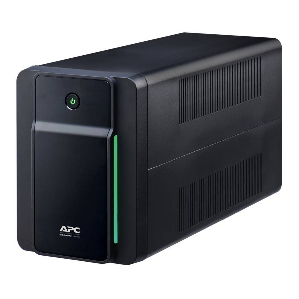 APC Back-UPS Unterbrechungsfreie Stromversorgung in Schwarz mit Netzschalter und grüner LED-Anzeige, entwickelt zum Schutz von elektronischen Geräten vor Stromüberspannungen und Stromausfällen.