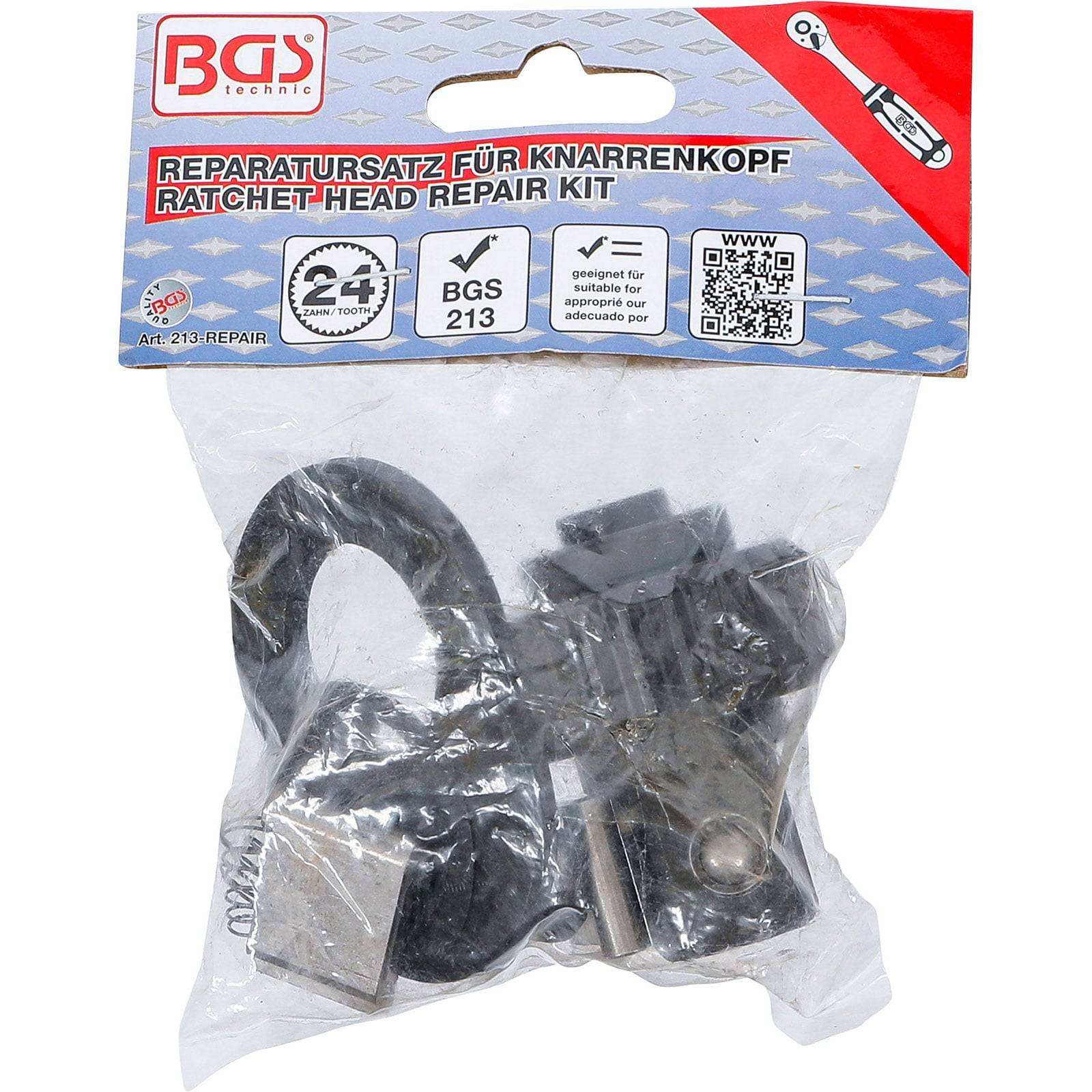 Ein Reparatursatz für Knarrenkopf von BGS. Enthält verschiedene kleine Metallteile und Komponenten.