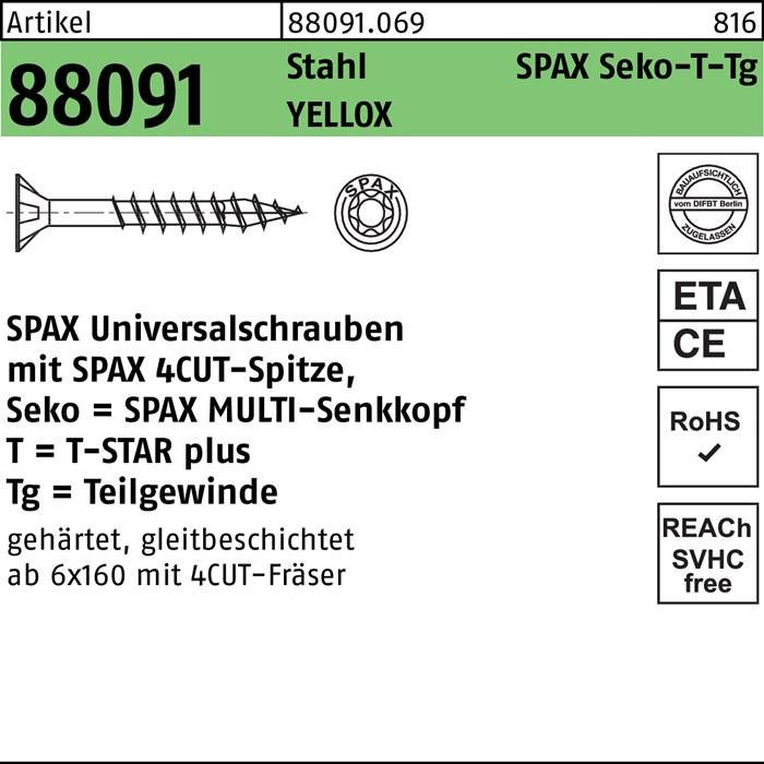 Schraube R 88091 SEKO/T-STAR TG 6x240/68-T30 Stahl galv.verz. gelb 100St. SPAX