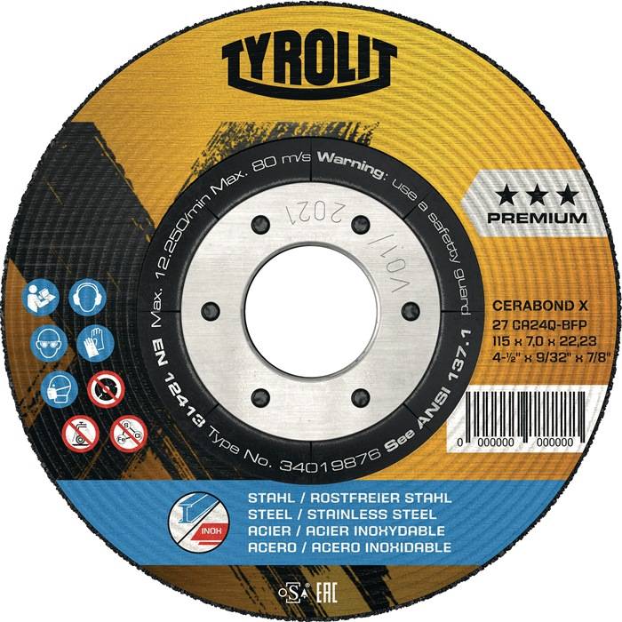 Ein Tyrolit-Schleifscheibe mit metallischem Zentrum, gekennzeichnet für die Verwendung mit hochwertigem Stahl. Enthält Sicherheitswarnungen und Spezifikationen in mehreren Sprachen.