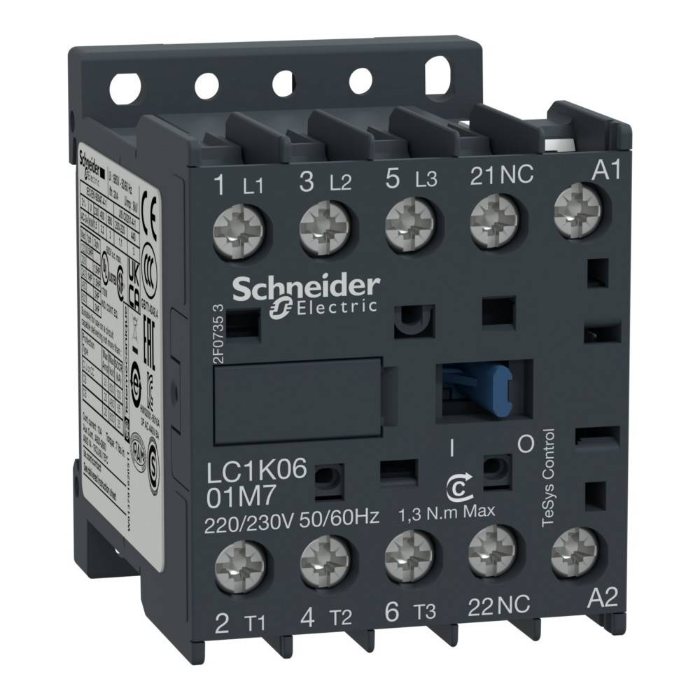 Schneider Electric Schütz, gekennzeichnet als LC1K06, mit Anschlüssen L1, L2, L3, A1 und A2. Mit einer Nennspannung von 220/230V, 50/60Hz, mit Verdrahtungsdiagramm.