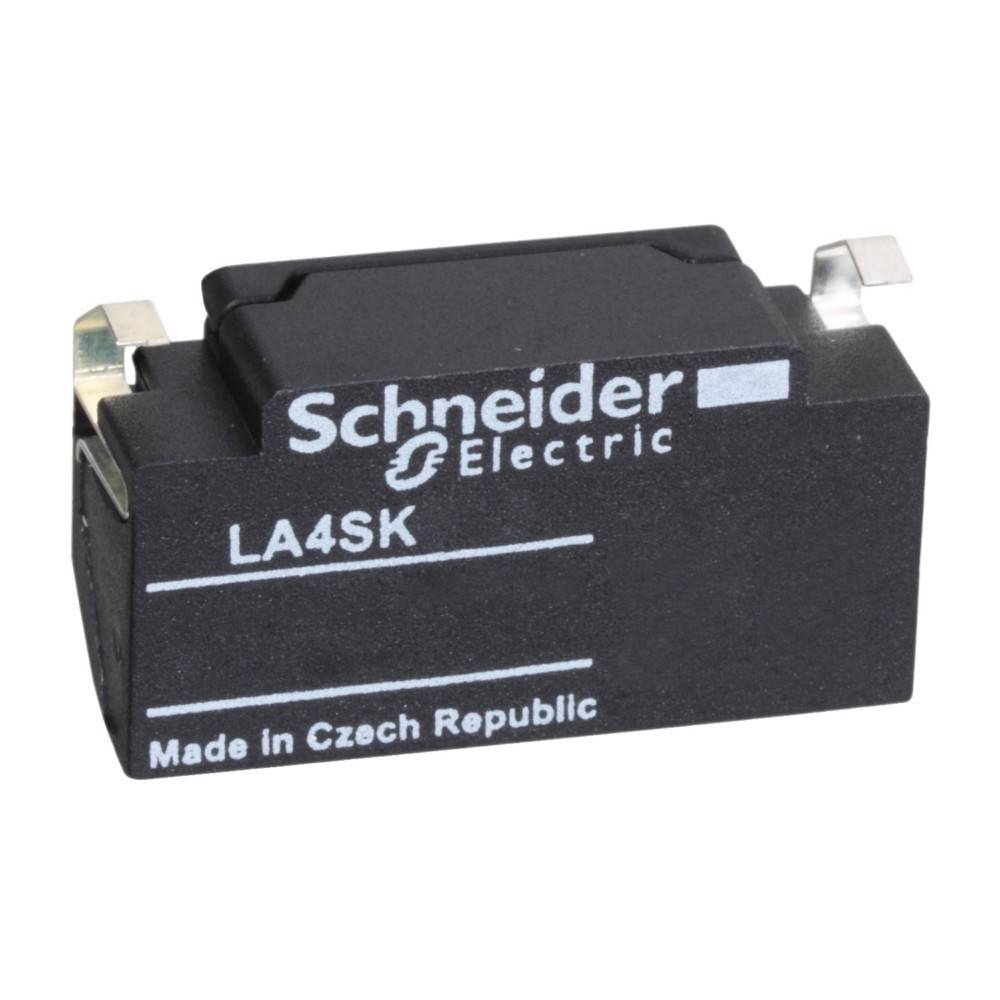 Ein schwarzer rechteckiger Relaisblock mit der Bezeichnung 'Schneider Electric LA4SK', versehen mit dem Text 'Made in Czech Republic', und zwei Metallsteckern.