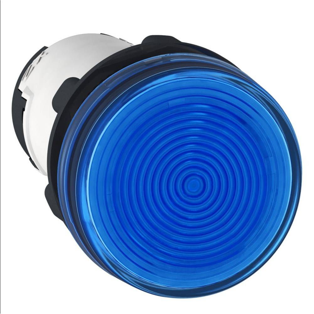 Großer blauer Druckknopf mit kreisförmigem Design und konzentrischen Rillen, eingebettet in einem schwarz-weißen Gehäuse.
