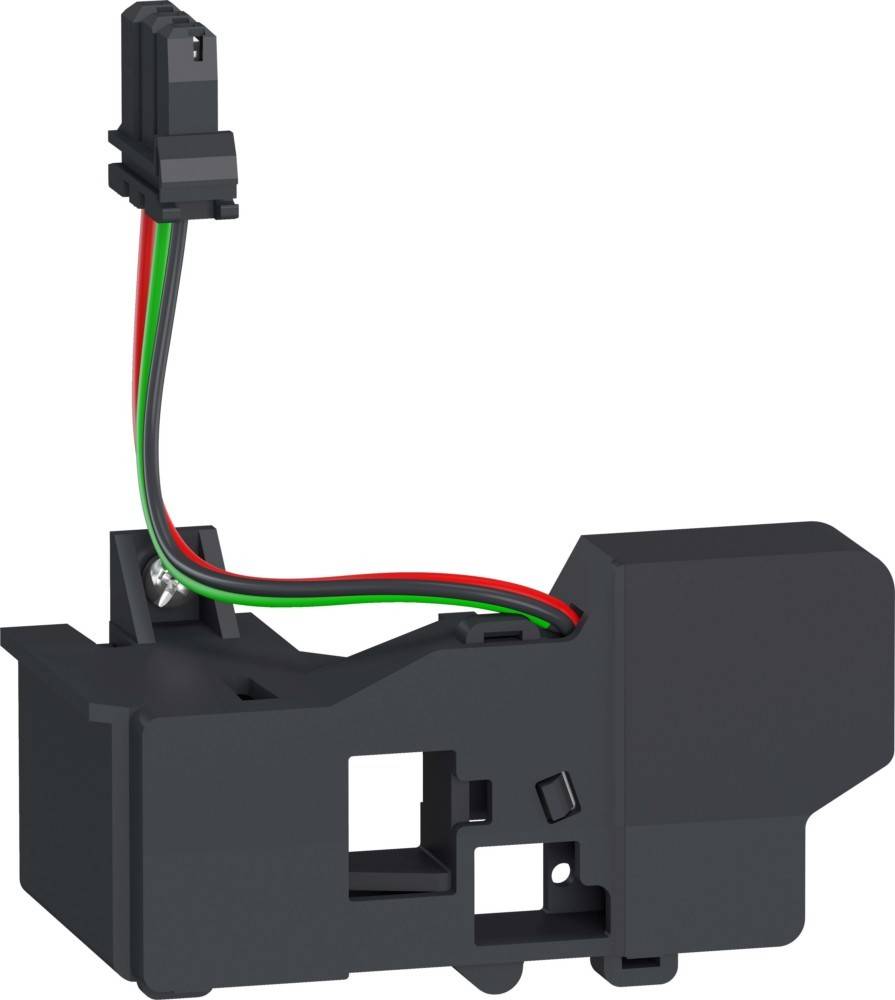 Ein schwarzer elektrischer Steckverbinder mit beschrifteten roten, grünen und schwarzen Kabeln ist an einem Befestigungsbügel angebracht und wird für elektronische Installationen verwendet.