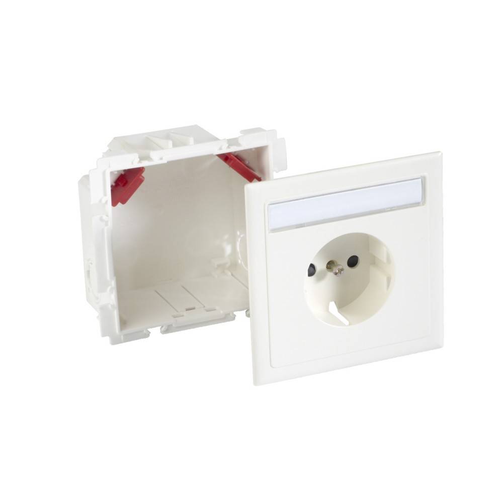 Eine weiße elektrische Wandsteckdose mit integrierter LED-Beleuchtung, gezeigt neben ihrer offenen Rückseite, für die Installation in Eigenheimen konzipiert.