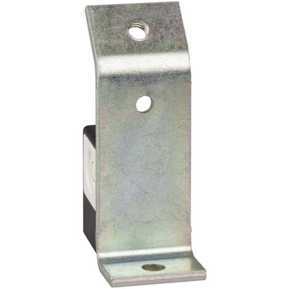 Eine Metallmontagehalterung mit zwei Löchern und einem teilweise sichtbaren schwarz-weißen Schalter.
