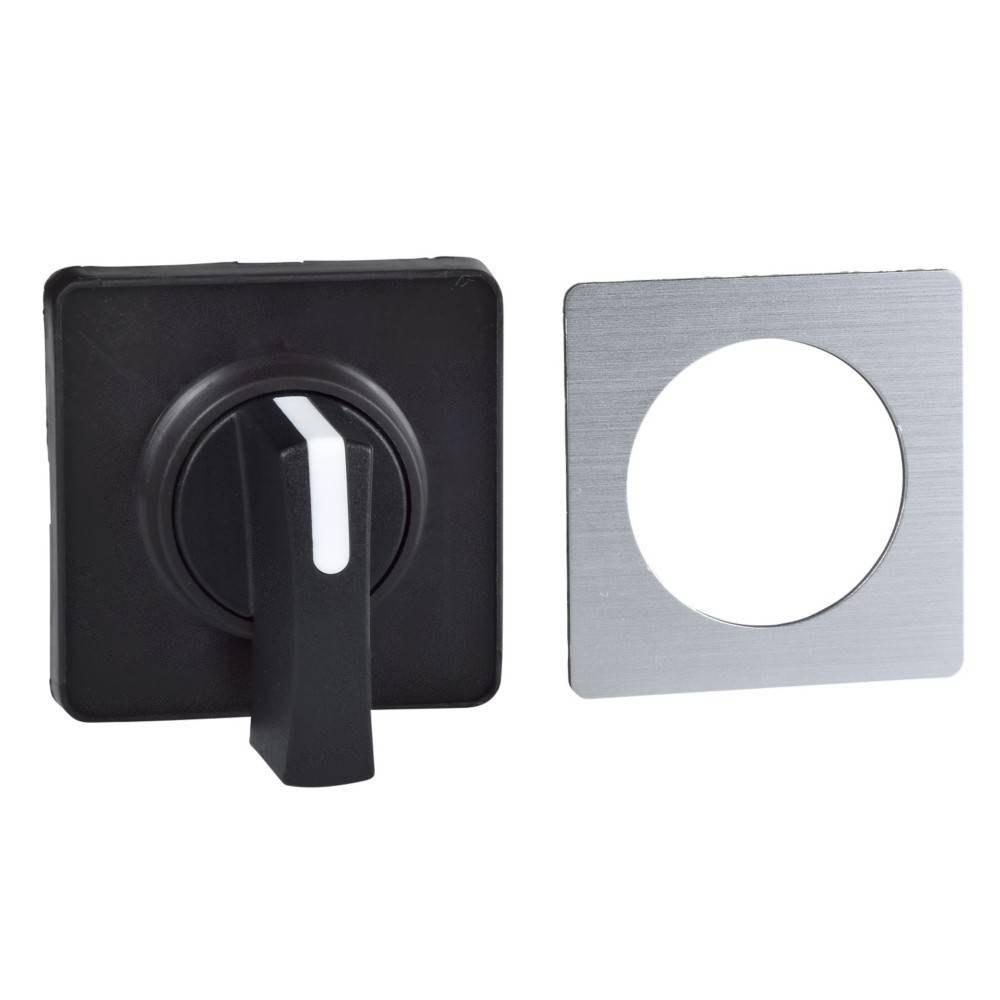 Ein schwarzer Drehschalter mit einem weißen Hebel neben einer quadratischen Metallmontageplatine mit einer kreisrunden Aussparung.