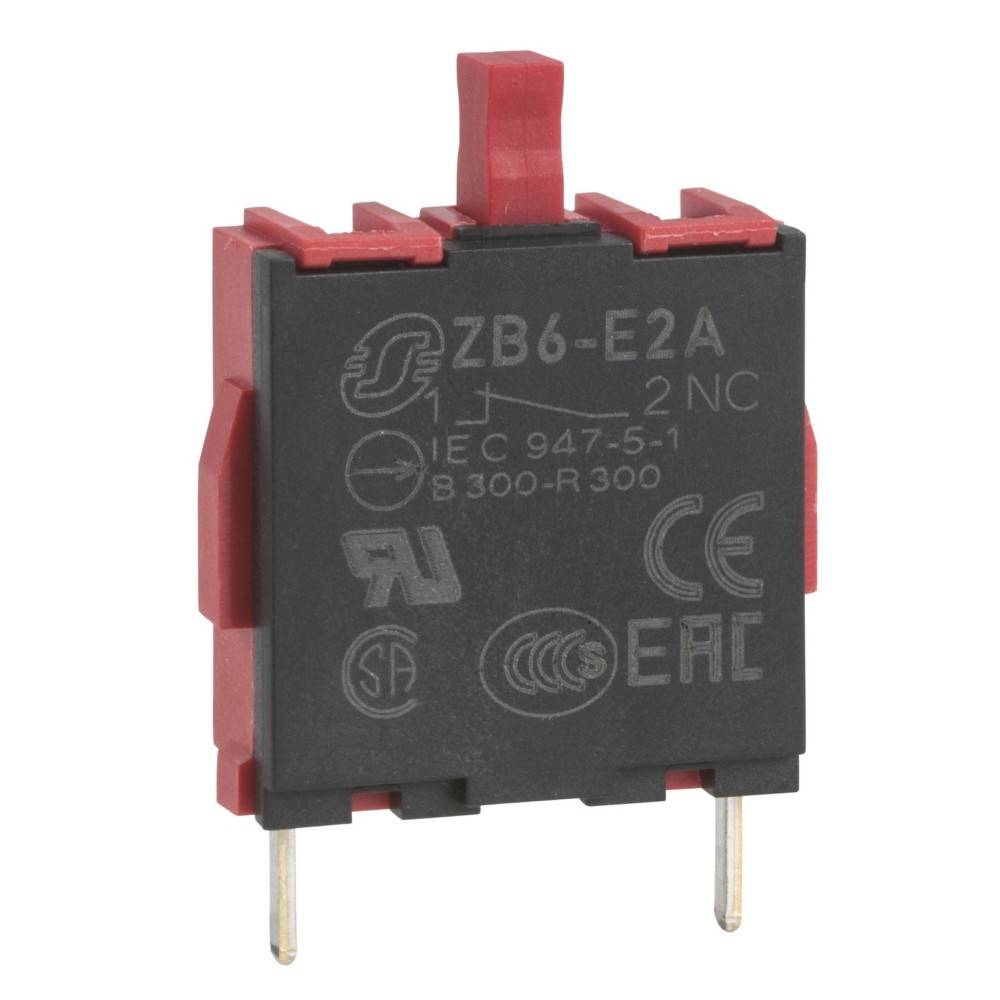 Ein roter und schwarzer ZB6-E2A elektrischer Schalterkomponent mit zwei Metallstiften am Boden und verschiedenen Zertifizierungskennzeichnungen auf der Oberfläche.