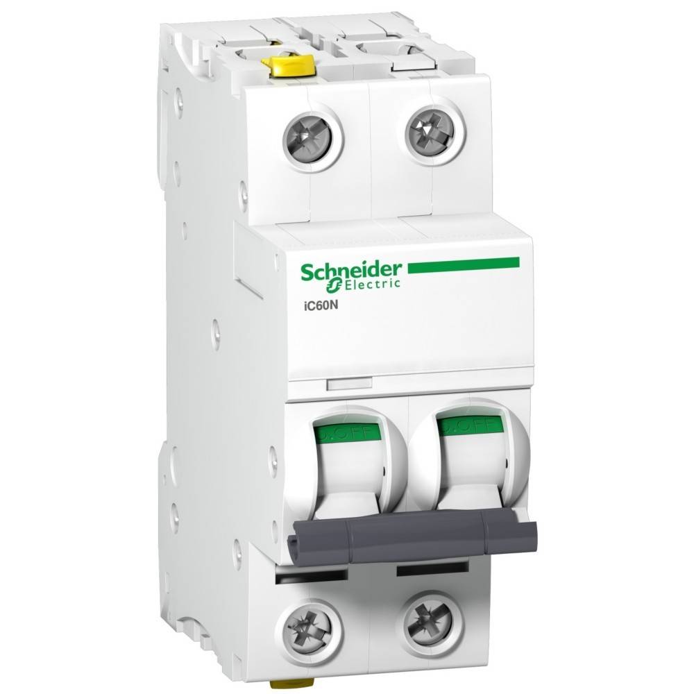 Ein Schneider Electric Doppel-Polschalter mit sichtbaren Schaltern und Beschriftungen, der zum Schutz elektrischer Leitungen in Gebäuden verwendet wird.