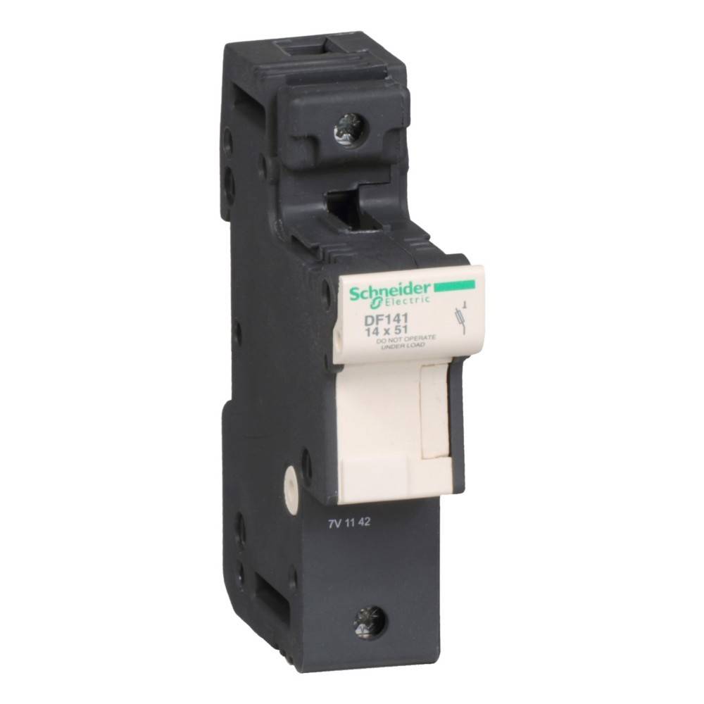Ein schwarzer Schneider Electric DF141 Leistungsschalter, von der Seite gezeigt, mit einem Schalthebel und einem Produktetikett auf der Vorderseite.