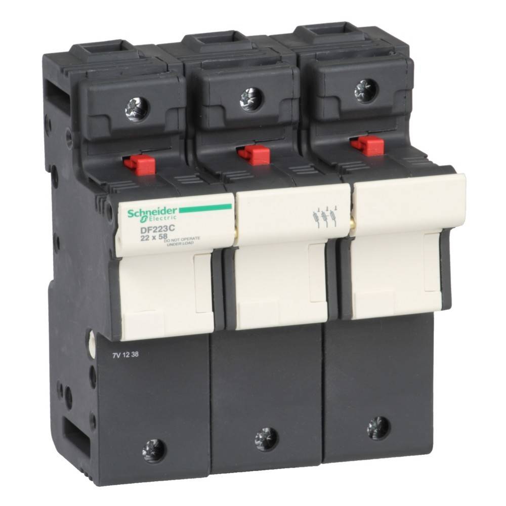 Dreipoliger Elektro-Leistungsschalter mit schwarzen und weißen Komponenten und roten Schalteranzeigen, beschriftet mit 'Schneider Electric DF223C'.