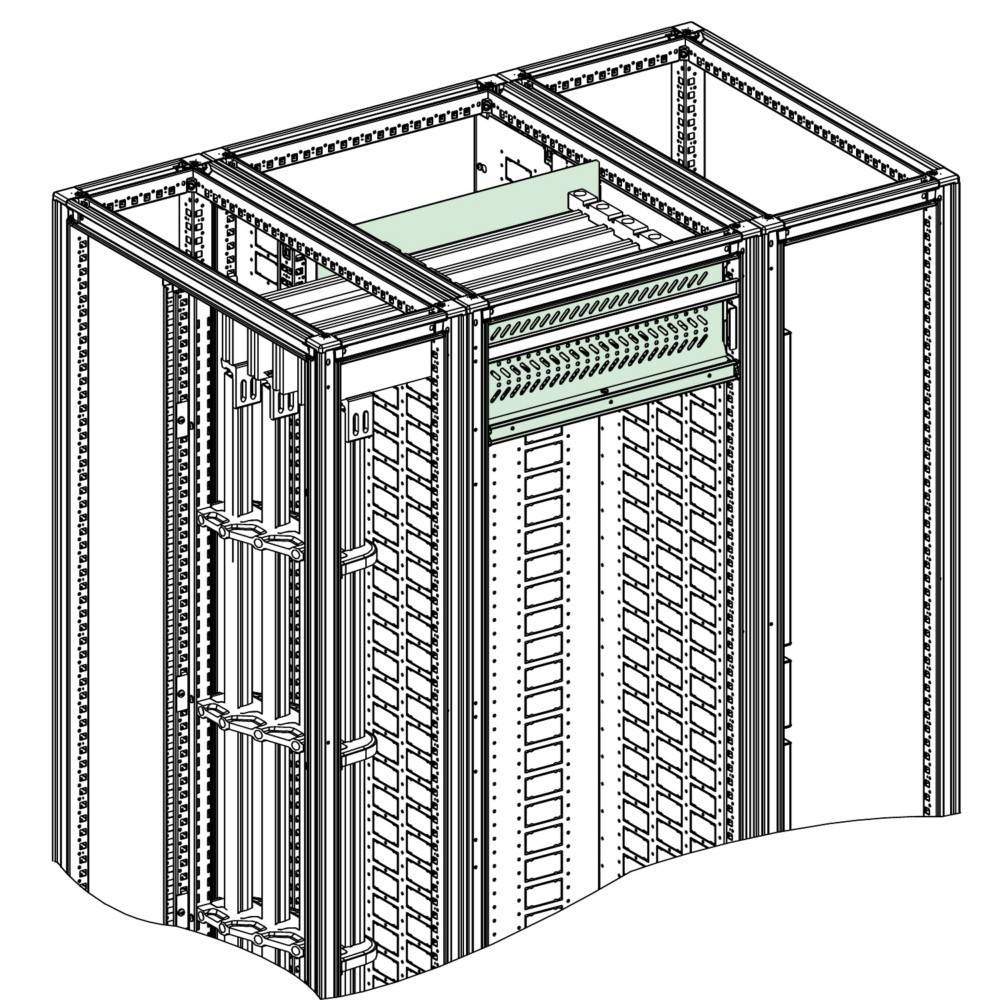 CAD-Zeichnung eines Servergestell-Gehäuses mit dargestellter interner Rahmenstruktur und offener Vorderseite.