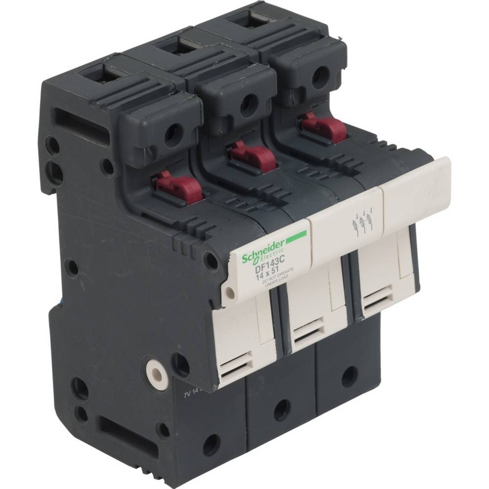 Ein dreipoliger Leitungsschutzschalter mit beschrifteten Schaltern und Schraubklemmen, verwendet zum Trennen und Schutz elektrischer Stromkreise.