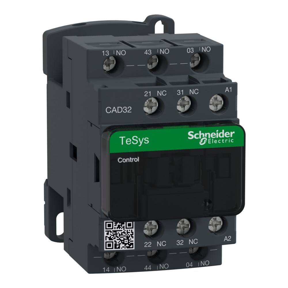 TeSys elektrischer Schütz von Schneider Electric mit Modellcode CAD32, ausgestattet mit mehreren Anschlussports und für Steuerungszwecke gekennzeichnet.