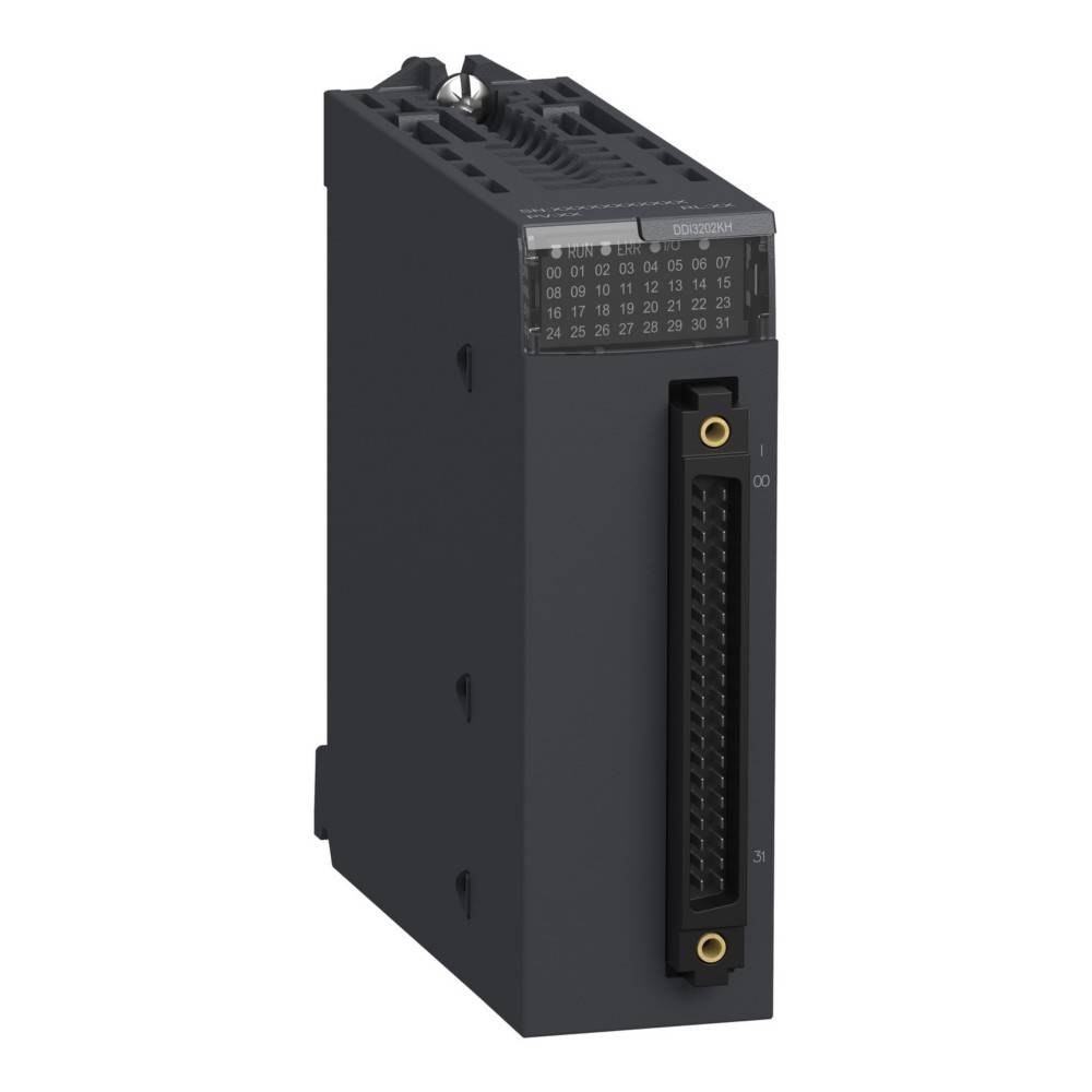 Ein schwarzes elektronisches Modul mit Anschlüssen und Indikatorennummern, das für industrielle Automatisierung und Konnektivität in SPS-Systemen verwendet wird.