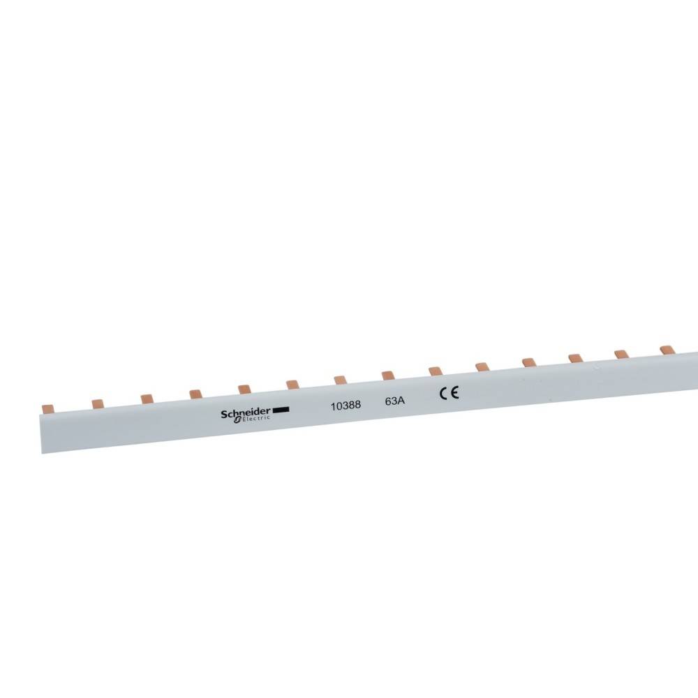Eine weiße Schneider Electric Sammelschiene, Modell 10388, mit einer Strombelastbarkeit von 63A und CE-Kennzeichnung, verwendet zur Verteilung elektrischer Energie.