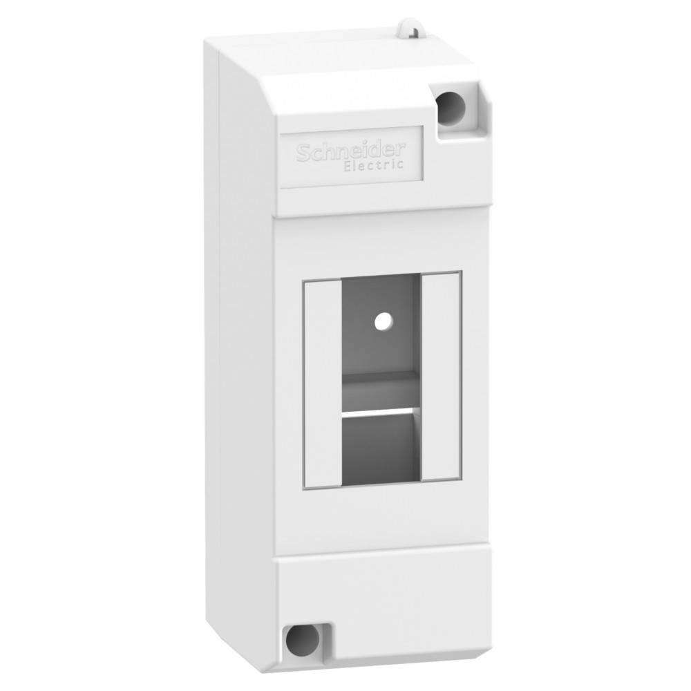 Eine weiße Schneider Electric Elektro-Schalterdose mit Platz für Schalter und Sicherungen, ausgestattet mit zwei Befestigungslöchern.