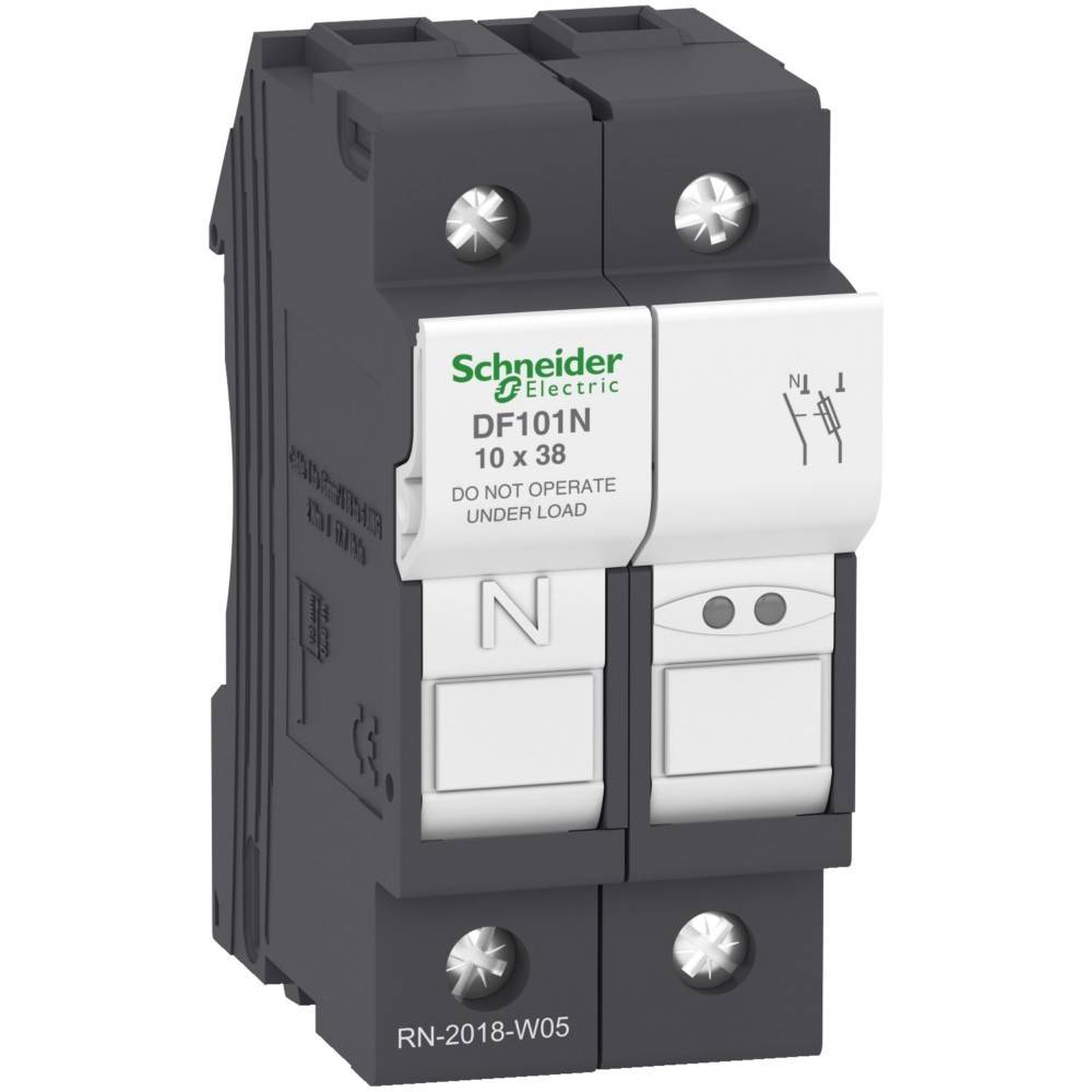 Ein Schneider Electric DF101N Sicherungslaststschalter, 10x38mm Größe, mit zwei Sicherungsschächten, die mit 'N' und '1' beschriftet sind.