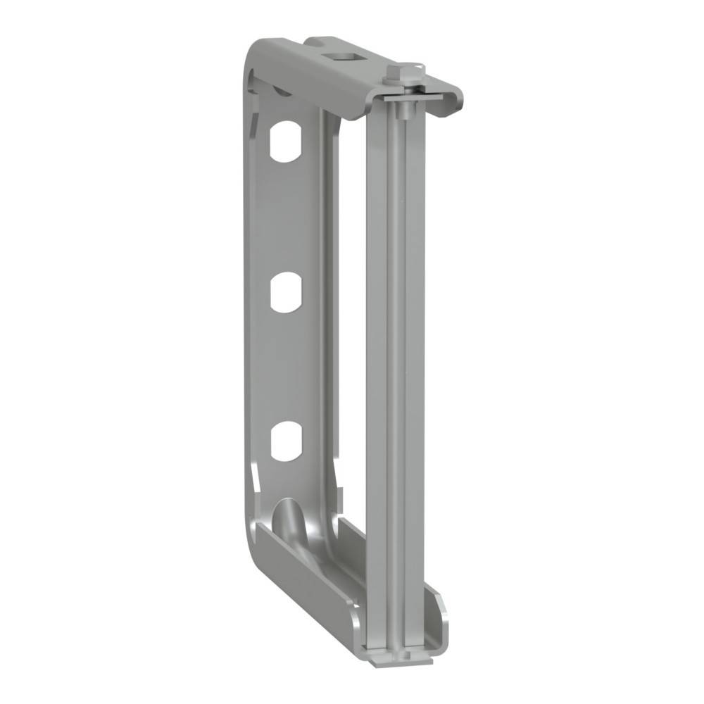 Eine graue Metallhalterung mit rechtwinkligem Design und mehreren Befestigungslöchern, die zum Abstützen oder Befestigen von Objekten verwendet wird.