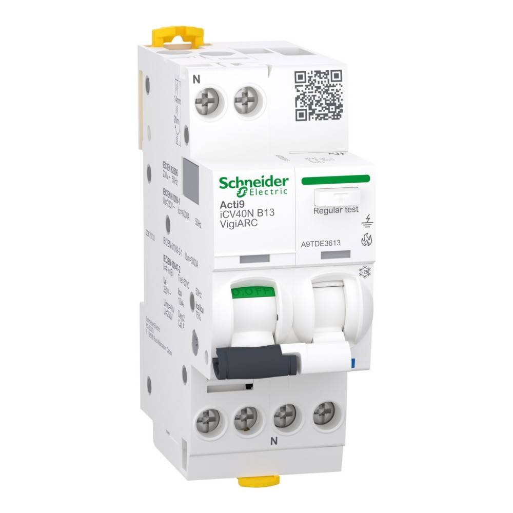 Leitungsschutzschalter mit der Bezeichnung 'Schneider Electric Acti9 iC40N B13 VigiARC'; für Sicherheit konzipiert, ausgestattet mit einem Testschalter und QR-Code.