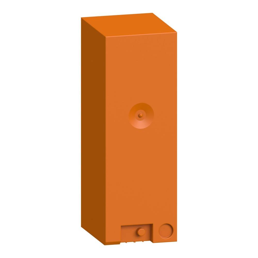 Ein orangefarbener, rechteckiger 3D-Gegenstand mit einer kreisförmigen Vertiefung nahe dem oberen Ende und zwei kleineren kreisförmigen Merkmalen am unteren Ende.